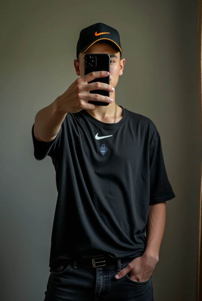 Realistic photo of a young man taking a selfie with a cell phone, nike logo curved brim cap, Sao Paulo football club's black loose shirt, shaven hair, black jeans. The cell phone covering his face.