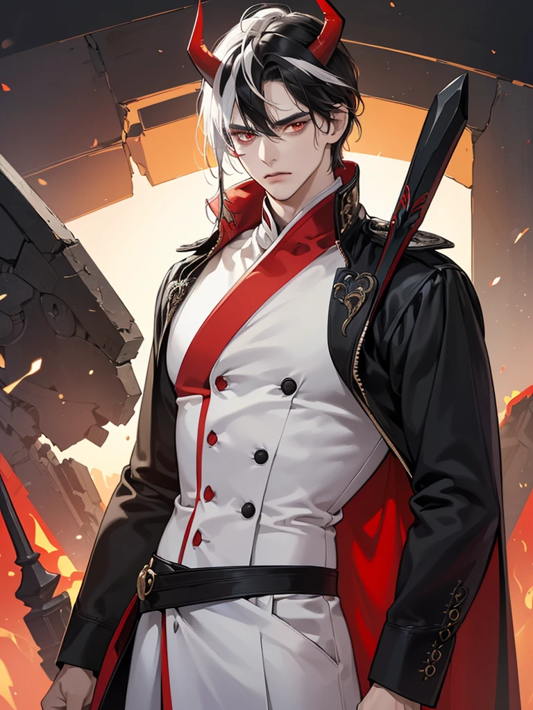((Maximum quality, work of art, 4K, finely detailled, detailedeyes, face detailed, gelbooru, pixiv)), warm lighting, ((standing alone)), 1 men, bonitas, masculine, adult and mature man, broadshouldered, Close face ((black hair with white streak in the bangs, having black horns), portraite, brave face. looking at the observer, ((angry eyes, half covered, red eyes with white pupils)), wearing a black and red suit, having staves), background of the destroyed city