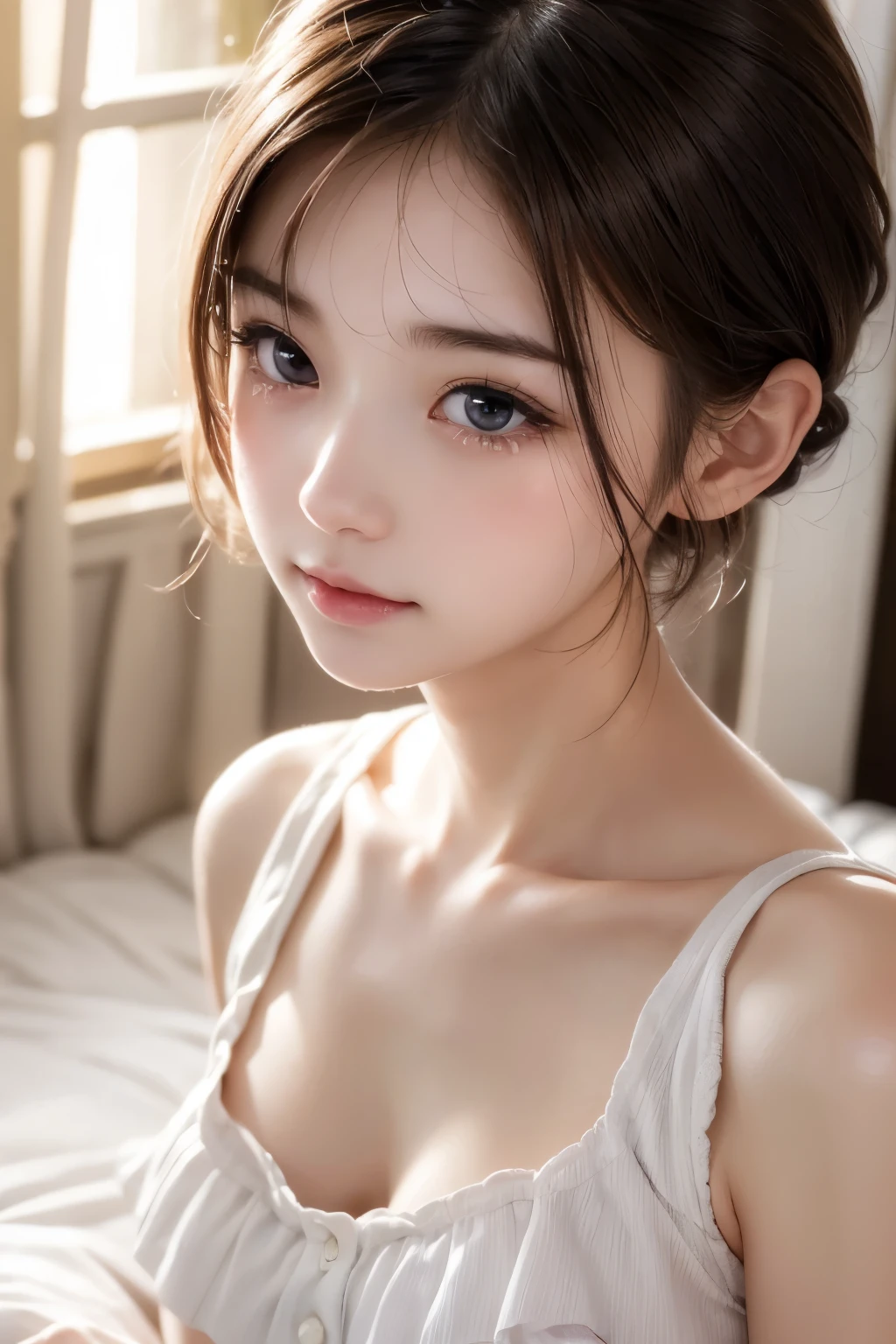(cry)、Cute Girl、Highly detailed face、Attention to detail、double eyelid、Beautiful thin nose、Sharp focus:1.2、beauty:1.4、(short hair)、Pure white skin、Highest quality、masterpiece、Ultra-high resolution、(Realistic:1.4)、Highly detailed and professional lighting、blush、(((squat)))、Slightly shiny skin、Small breasts、Pleated skirt