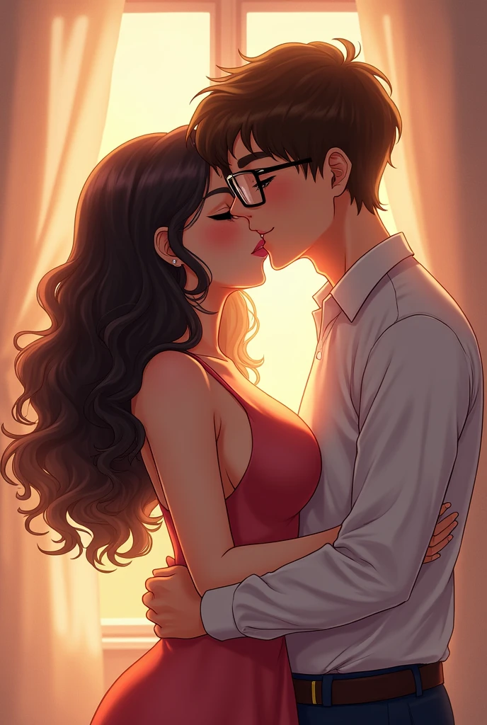 Una chica de White skin y ojos grises, Long hair, black curly and big breasts, lovingly kissing her brown haired boyfriend, White skin, Brown eyes, and anime style glasses