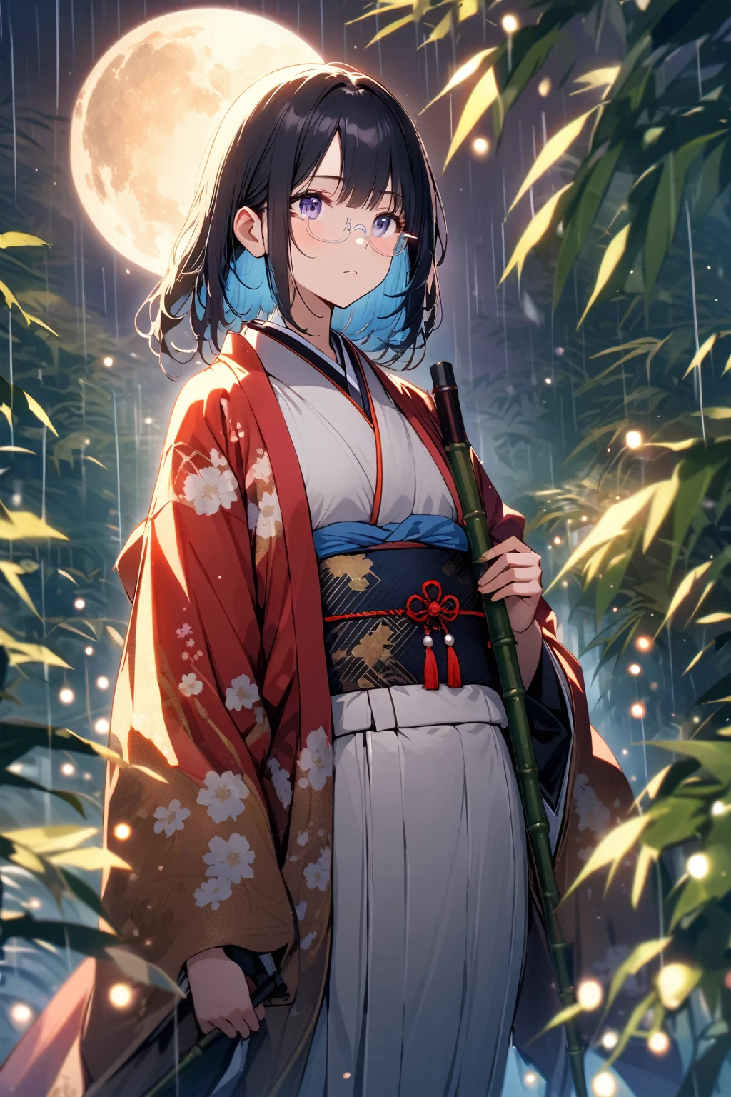 (extremely detailed fine touch:1.3), Vibrant colors, Soft tones, With warm and gentle lighting, (((silver semi-rimless eyewear:1.3))), girl, solo, cowboy shot, (ancient Japanese noble, beautiful kimono, beautiful long black hair), glowing hair, looking up at the moon, (pearl white moon:1.3), holding an Japanese umbrella, raining softly, fireflies flying around, bamboo leaves are placed three-dimensionally in the foreground, shining through rainwater, bamboo grove of japan,