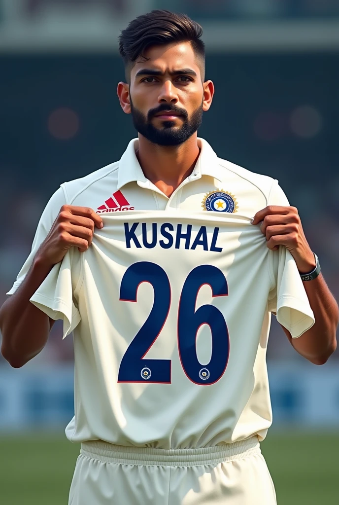 Indian Cricketer showing his jersey name Kushal 26