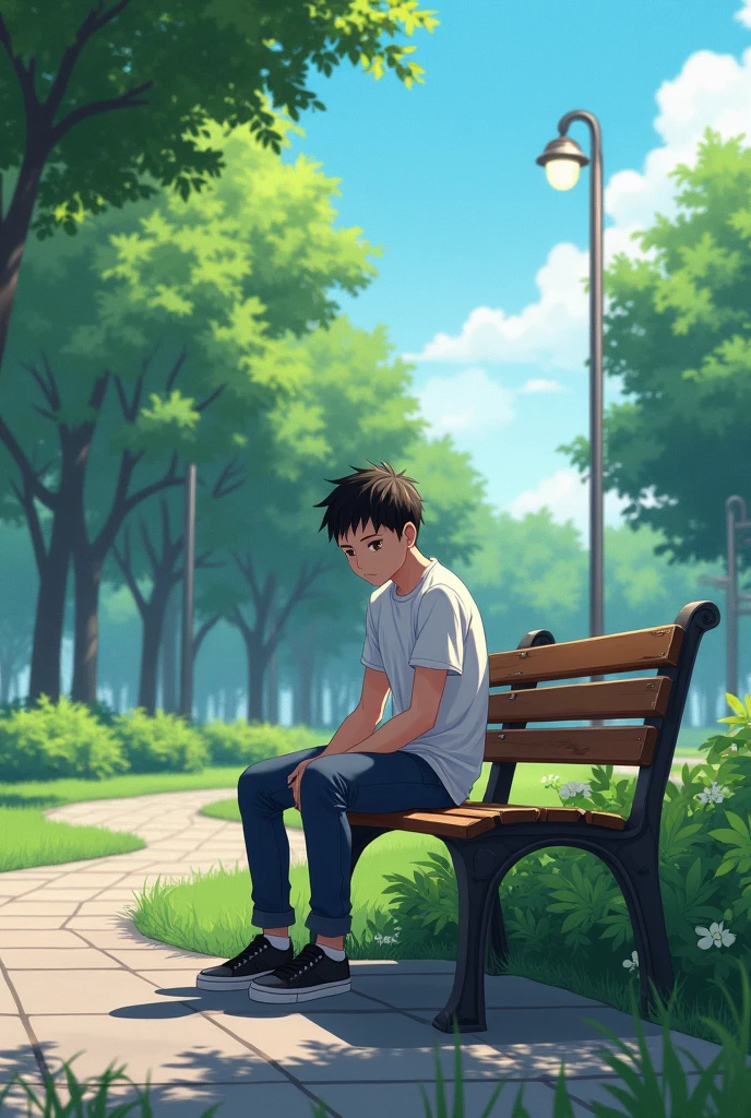 A 20 year anime boy is sitting in a road brench in he is thinking something 