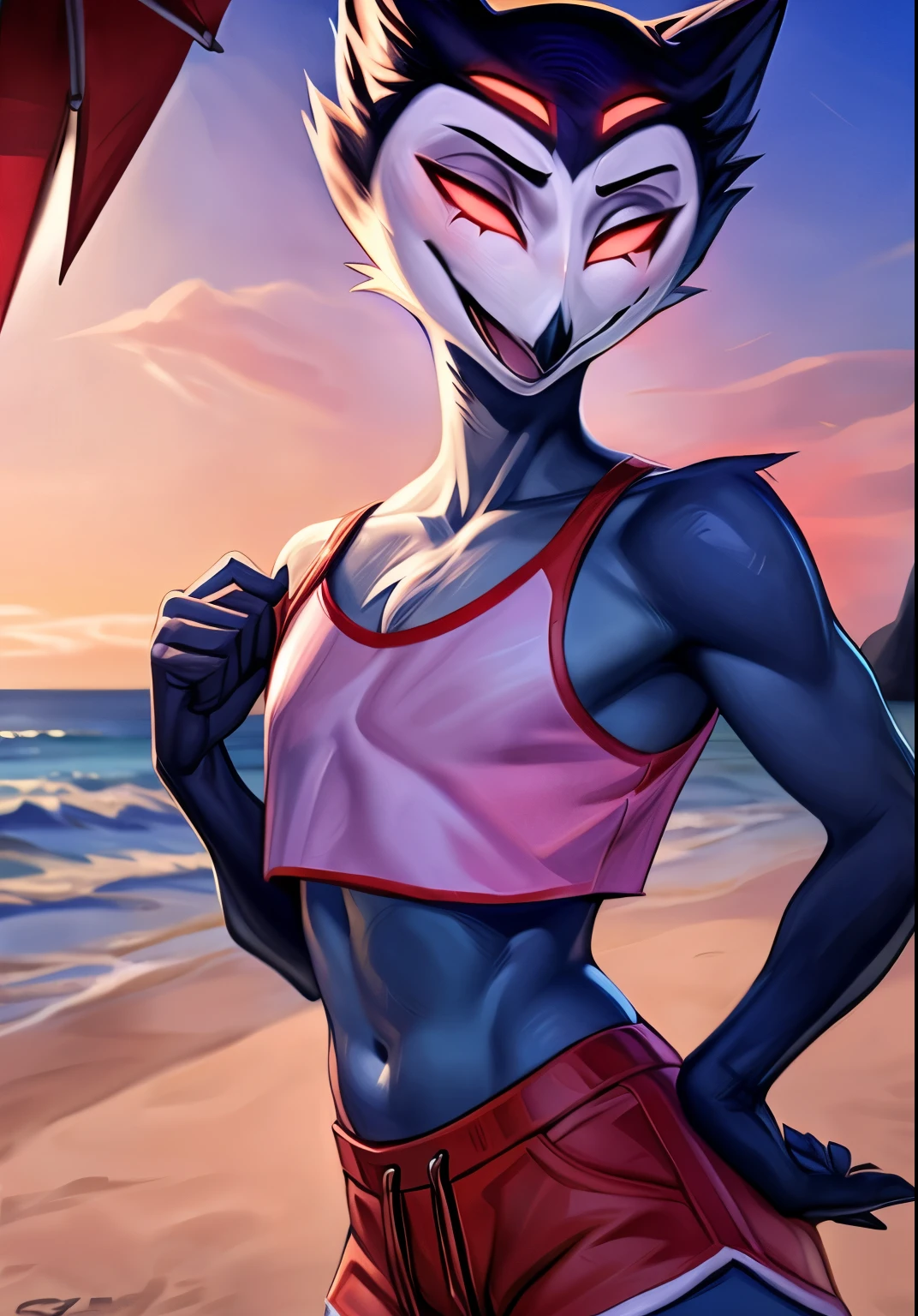 por zackary911,by Chunie,(by place:1.2),by kiyosan,by sigma,((masterpiece)), ((8K quality)), (without watermark), stolas, male, Closed mouth, ((beach background)), sunset, standing, chest forward, Shorts, another hand at his side, (Alone:1.4), pulcro, bright, male body, ((crop tops:1.5)), ((Slim body)), ((broad shoulders:1.5)), ((sexy belly:0.5)), pose, showy, vibrant colors, take off makes, perfect lighting, perfect shadows, Perfect eyes, perfect face, Global light, (decolaed background, depth of field), (4k, 2k, shading, absurd resolution)
