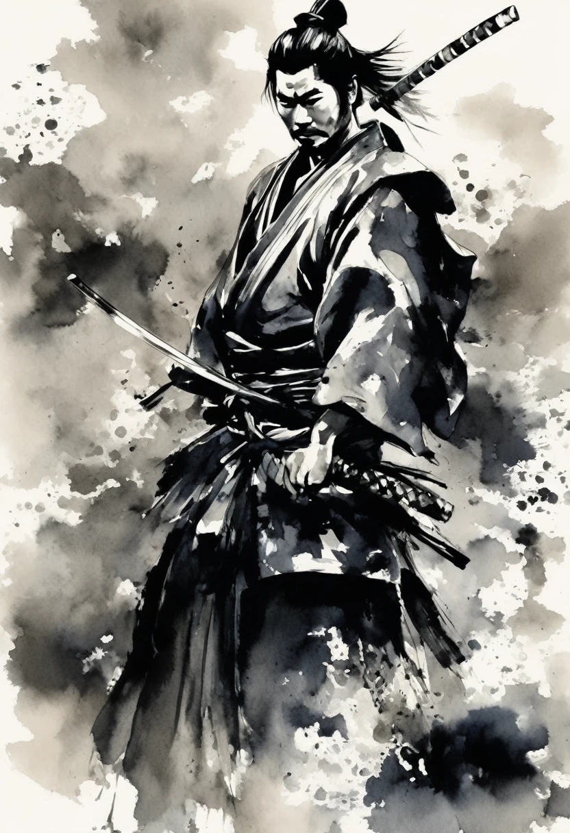 Samurai and kosode as well,blackw,draw in blackw on a white background,ink painting,Draw with ink,Shades of blackw unique to sumi-e,A shading technique unique to sumi-e,he has someone important to protect,yo'I am about to face a life-threatening battle.,Expresses strong determination and will,A straight and beautiful sword:traditional craftsmanship:work of art:Made in Japan,metallic luster,work of art,great,marvelous,movie poster,professional works,最高work of art,high resolution,handsome guy,History and traditions