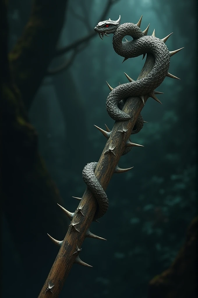 A magic wand with thorns and a snake design