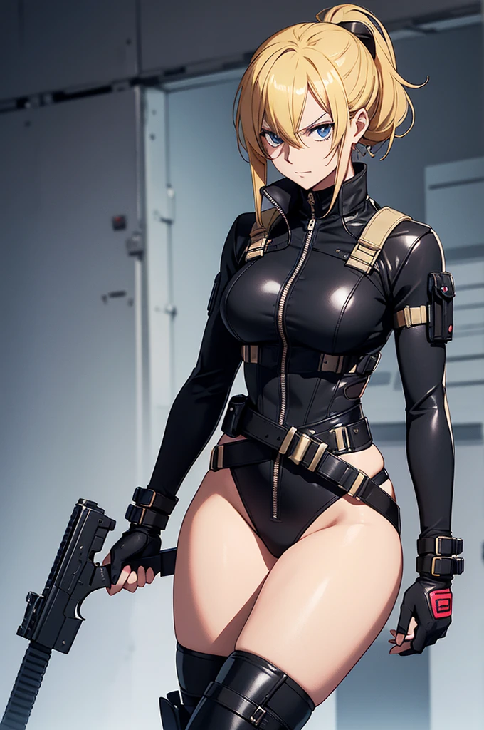 Create an image of a gender-swapped Sanji from One Piece, reimagined as a powerful and sleek young woman wearing a Black Widow-inspired outfit. She has her signature blonde hair styled in a practical yet stylish way, perhaps in a high ponytail or sleek bun, to complement the tactical nature of her outfit. Her bright blue eyes are sharp and determined, reflecting her confidence and combat prowess.
She is dressed in a form-fitting black tactical suit that highlights her athletic build while providing the functionality needed for combat:
Suit: A tight, black bodysuit made of a sleek, leather-like material that hugs her curves and emphasizes her toned figure. The suit features subtle details such as dark, tactical straps, zippers, and reinforced panels, adding both style and practicality. The bodysuit has a high neckline and long sleeves, with gloves that extend to her wrists for full coverage.
Belt: A utility belt around her waist, equipped with various pouches and gadgets, adds to the tactical look. The belt has a prominent buckle, possibly with a stylized symbol or insignia, and it sits perfectly on her hips, further accentuating her hourglass figure.
Footwear: High, black combat boots that are both stylish and functional. The boots are laced up tightly and feature reinforced toes and heels for durability during combat.
Accessories: A pair of fingerless gloves that allow for dexterity while maintaining protection. She might also wear a set of sleek, black wrist cuffs or tactical bracelets that match the overall design of the suit. If needed, she could also have a utility holster or weapons strapped to her legs.
Sanji’s posture is dynamic and ready for action, perhaps with one hand resting on her hip or holding a weapon, and the other poised in a combat-ready stance. Her expression is focused and intense, with a slight smirk that captures her confidence and readiness for any challenge.
Every detail, from the sleek lines of the bodysuit to the tactical accessories,