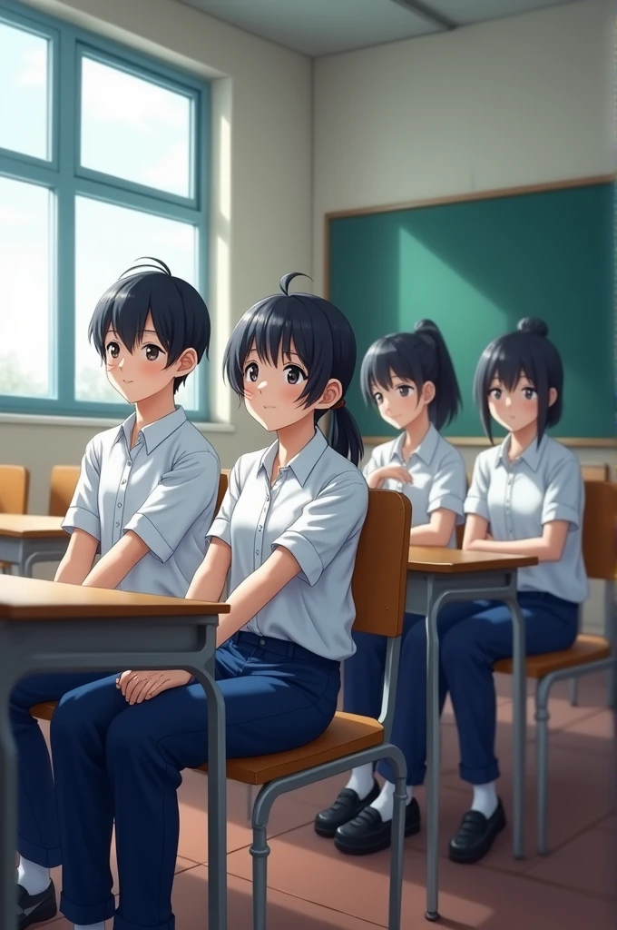 Some students wearing uniform white shirt and blue pant s are sitting on bench in the class