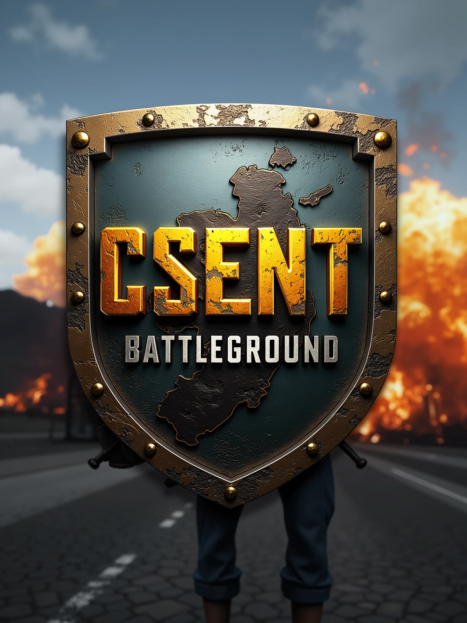 faça um logotipo inspirado no jogo PLAYER UNKNOWN BATTLEGROUND, make a landscape of the ERANGEL map, and in the foreground there was a Swiss shield, in the middle, on the first line, letters, "CSENT" In gold, on the second line "w" em black piano, on the third line "BATTLEGROUND" em black piano, and put the edges of the shield with golden details.