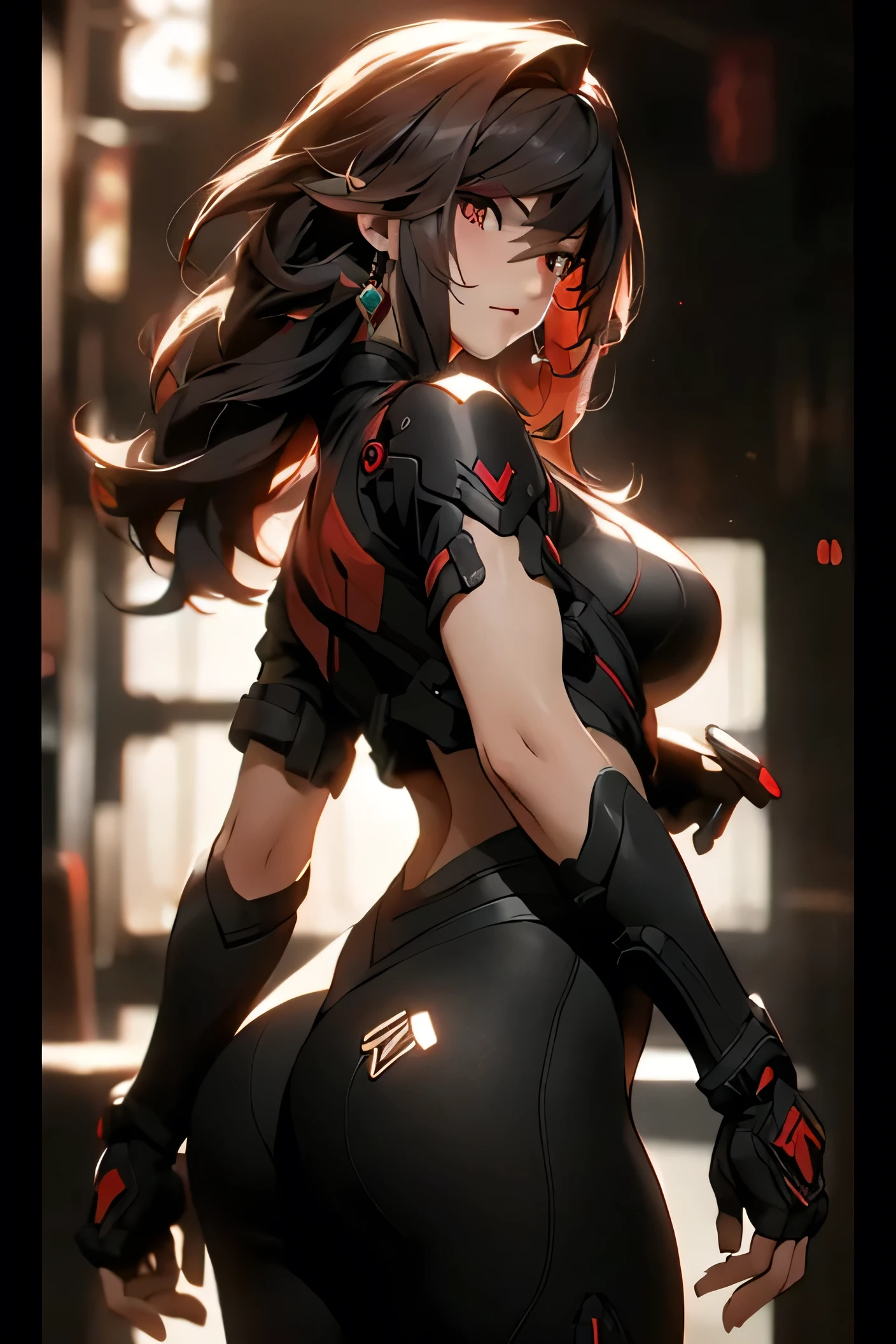 (best quality)), ((Masterpiece)), (details:1.4), 3d, HDR (high dynamic range), an image of a beautiful cyberpunk female, Red hair, Curtain Bangs, Red eyes, hips up, จมูกโด่ง, ปากแดง, หน้าอกใหญ่, nvidia RTX, PBR surface, After processing, Anisotropic filtration,depth of field, Maximum clarity and clarity, multi-layered surface, Subsurface tering, perfect proportions, 8K raw files, ultra detailed, Perfect proportions, volumetric lighting, soft lighting, SWAT uniform, Heavy Black Armor, glossy skin, intricate grey background, strong back lighting, jewely, ต่างหู, นิ้วมือสมบูรณ์, กระโปรงสั้น,