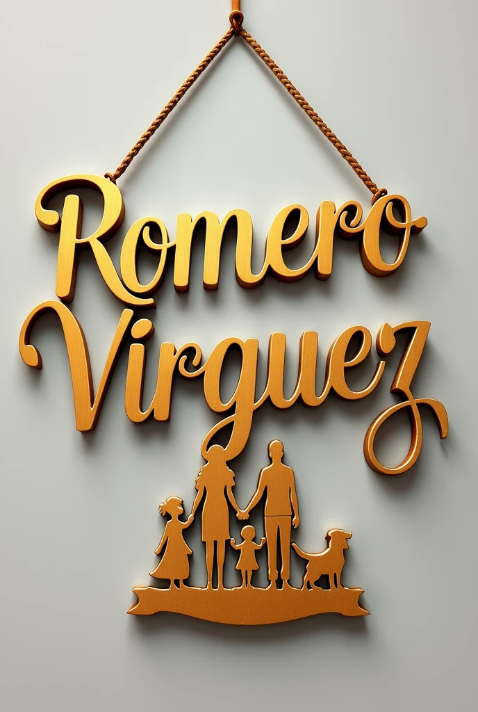 Make a sign that says : Romero Virguez family, in gold with cursive lettering and a drawing of a family, baby silhouette, , mother, dad and dog, the baby in the middle