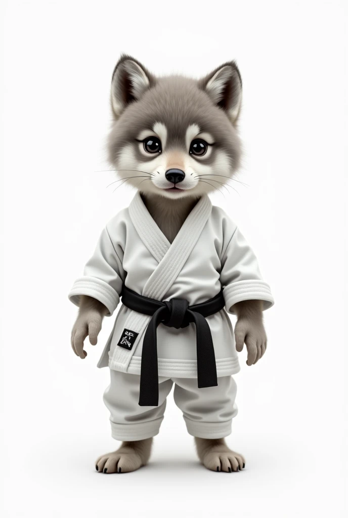 wolf cub in karate costume on white background