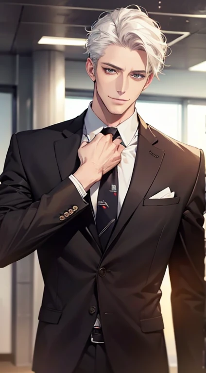 (Highest quality,4K,8K,High resolution,masterpiece:1.2),Super detailed,(Realistic,photoRealistic,photo-Realistic:1.37),1 personld,Mature Men,Beautiful skin、very handsome,Expressionless smile in love,Short white hair,green eyes,Sharp Eyes,A perfect face without a doubt,Businessman, CEO, Office Background,Cinema Lighting,HDR image,tie、
