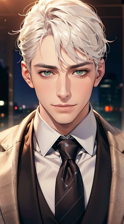 (Highest quality,4K,8K,High resolution,masterpiece:1.2),Super detailed,(Realistic,photoRealistic,photo-Realistic:1.37),1 personld,Mature Men,Beautiful skin、very handsome,Expressionless smile in love,Short white hair,green eyes,Sharp Eyes,A perfect face without a doubt,Businessman, CEO, Office Background,Cinema Lighting,HDR image,tie、