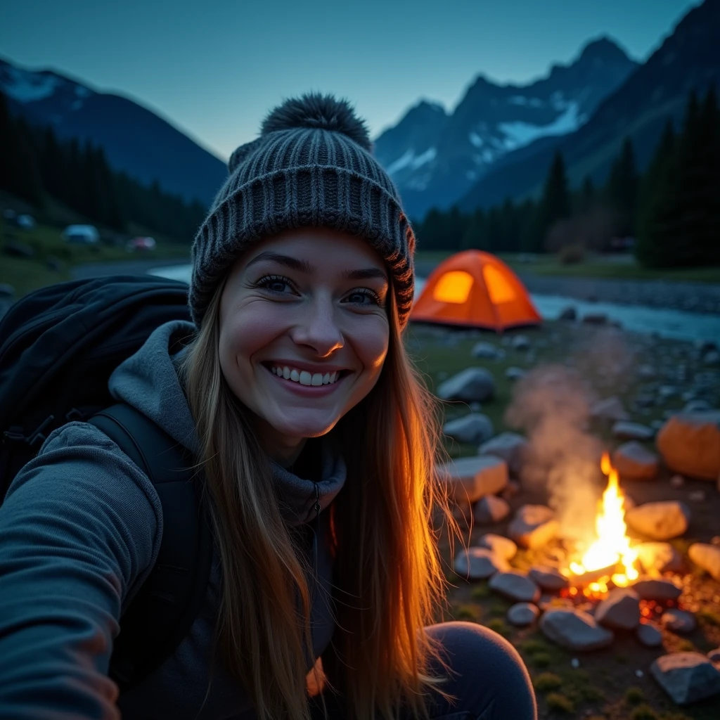 1 woman ((upper body selfie, happy)), masterpiece, best quality, ultra-detailed, solo, outdoors, (night), mountains, nature, (stars, moon) cheerful, happy, backpack, sleeping bag, camping stove, water bottle, mountain boots, gloves, sweater, hat, flashlight, forest, rocks, river, wood, smoke, shadows, contrast, clear sky, analog style (look at viewer:1.2) (skin texture) (film grain:1.3), (warm hue, warm tone:1.2), close up, cinematic light, sidelighting, ultra high res, best shadow, RAW, upper body, wearing pullover
