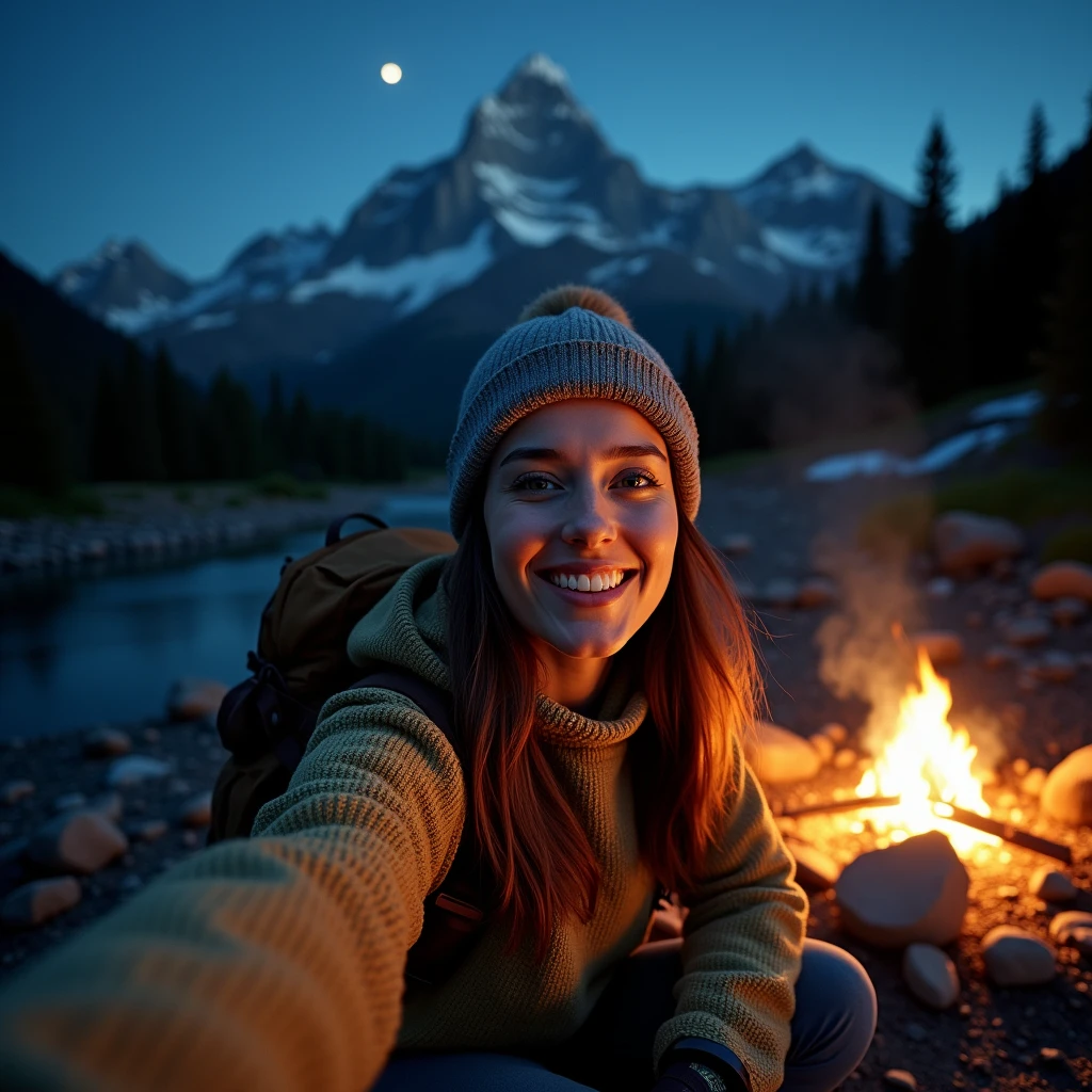 1 woman ((upper body selfie, happy)), masterpiece, best quality, ultra-detailed, solo, outdoors, (night), mountains, nature, (stars, moon) cheerful, happy, backpack, sleeping bag, camping stove, water bottle, mountain boots, gloves, sweater, hat, flashlight, forest, rocks, river, wood, smoke, shadows, contrast, clear sky, analog style (look at viewer:1.2) (skin texture) (film grain:1.3), (warm hue, warm tone:1.2), close up, cinematic light, sidelighting, ultra high res, best shadow, RAW, upper body, wearing pullover