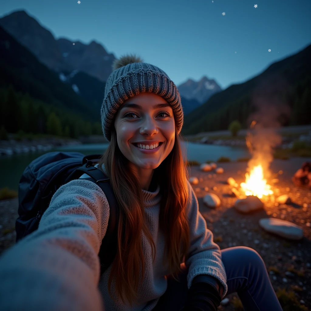 1 woman ((upper body selfie, happy)), masterpiece, best quality, ultra-detailed, solo, outdoors, (night), mountains, nature, (stars, moon) cheerful, happy, backpack, sleeping bag, camping stove, water bottle, mountain boots, gloves, sweater, hat, flashlight, forest, rocks, river, wood, smoke, shadows, contrast, clear sky, analog style (look at viewer:1.2) (skin texture) (film grain:1.3), (warm hue, warm tone:1.2), close up, cinematic light, sidelighting, ultra high res, best shadow, RAW, upper body, wearing pullover