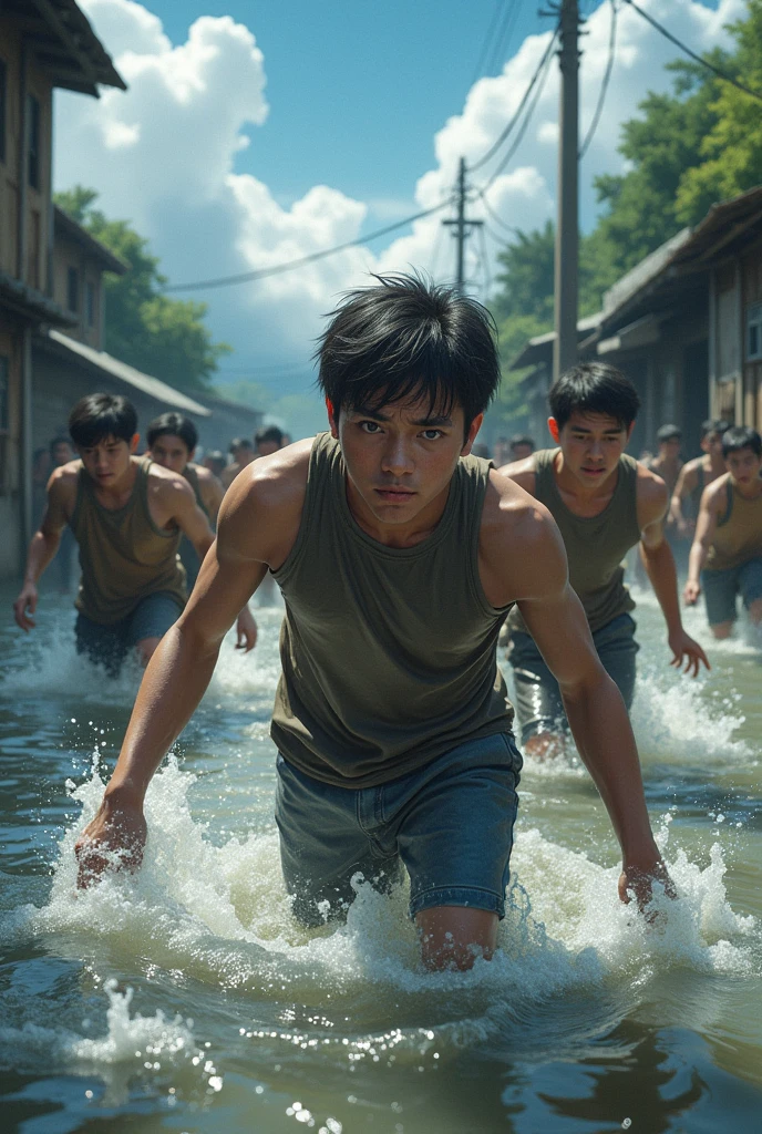 Search Efforts**: Villagers wading through the floodwaters, searching for Whiskers with worried expressions.