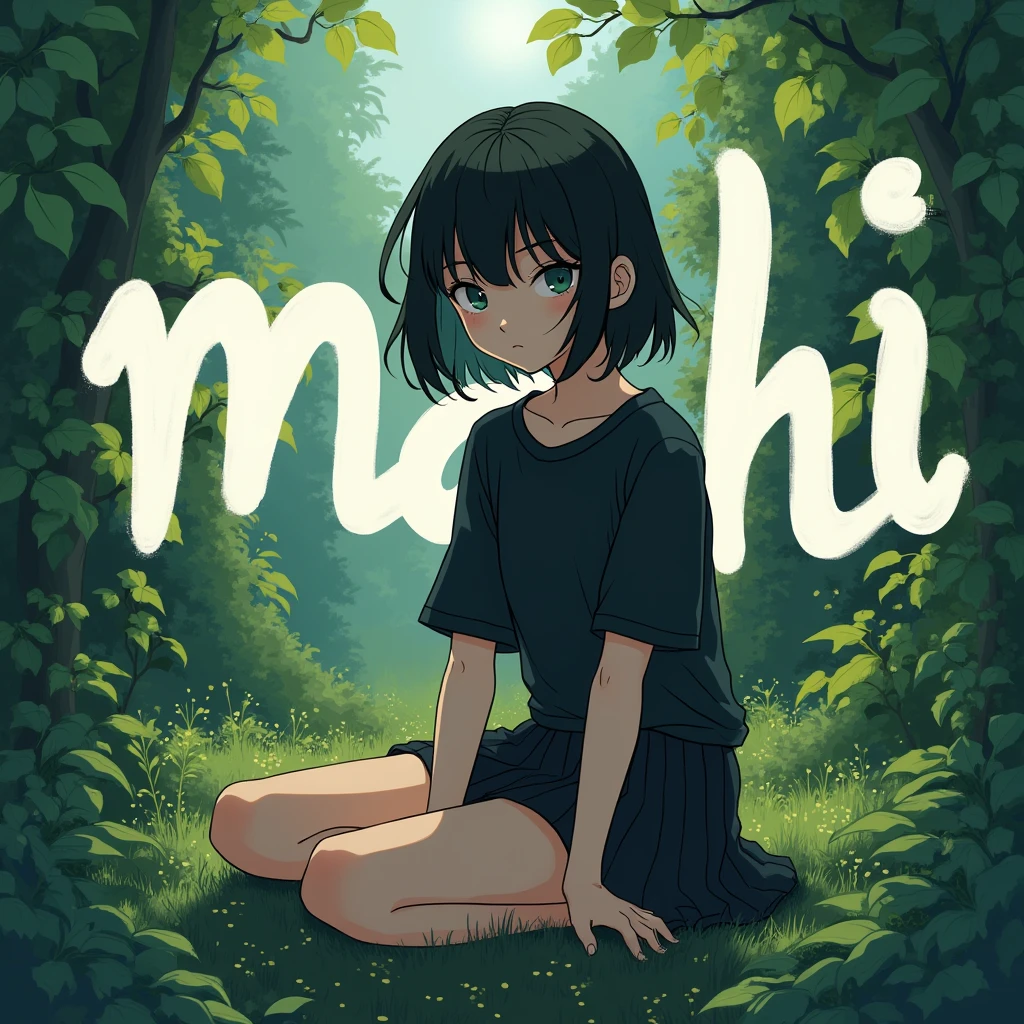 a anime style  girl wearing black tshirt, and black skirt. she has a black hair. and she sitting on the large nature text "MAHI". And behind nature Background. Vibrant, 4k, ULTRA HIGH, UHD.