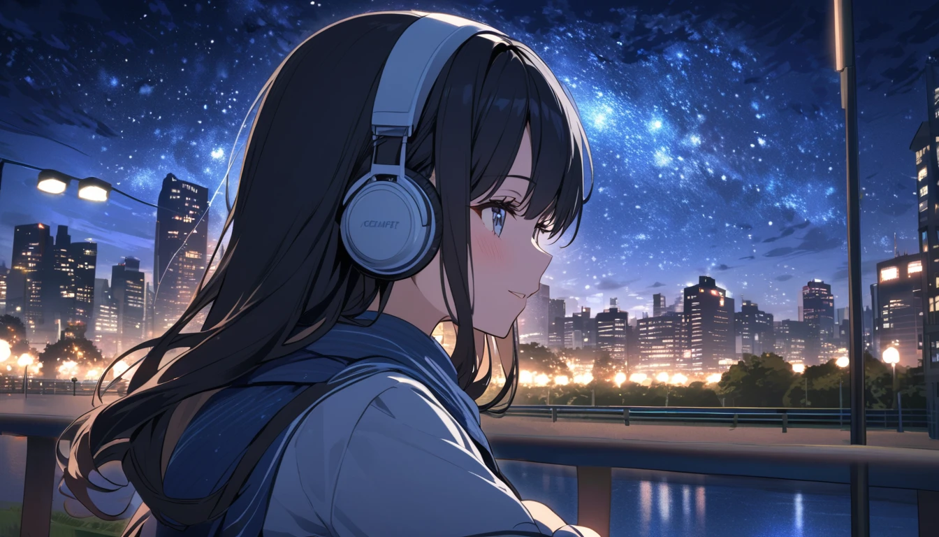 a beautiful young japanese woman with long black hair cycling through a park in tokyo at night, starry night sky, cityscape, listening to music