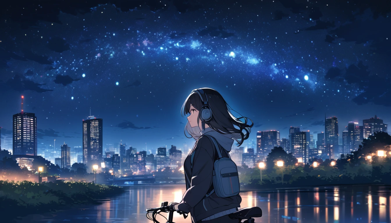 a beautiful young japanese woman with long black hair cycling through a park in tokyo at night, starry night sky, cityscape, listening to music