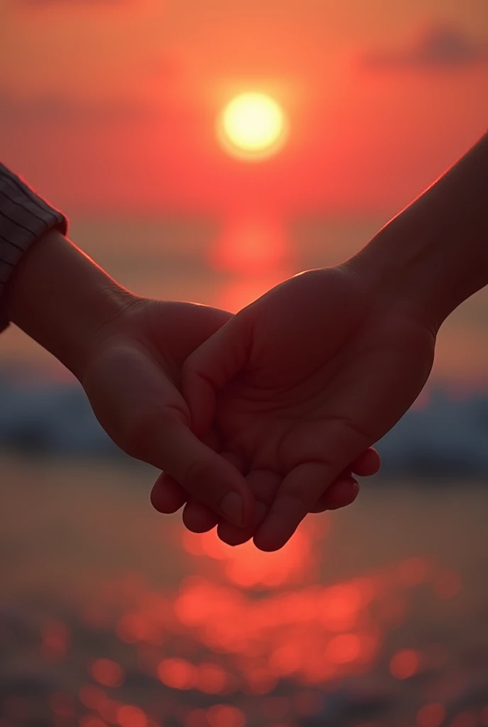 Photorealism hands lovingly touching, hand in hand and the sun blinks over the two lovers ,in the background the sea with red sunset