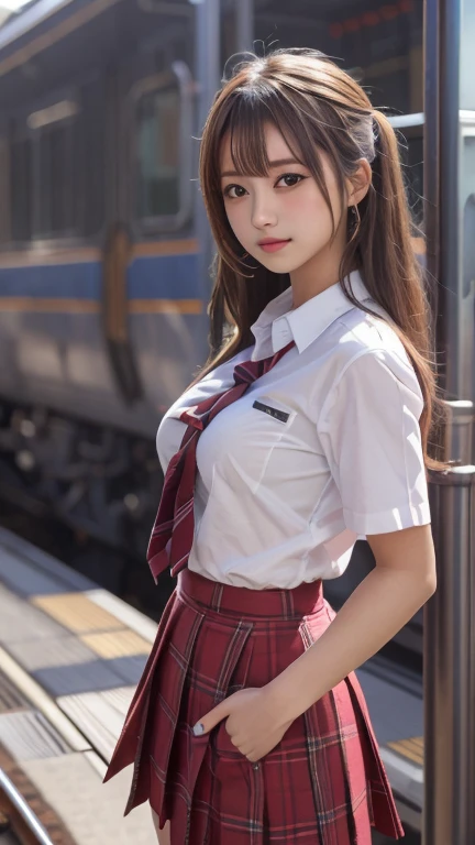 (masterpiece:1.2, Highest quality), Bokeh, 1 high school girl,
(Japanese Idols:1.6), Plump breasts, Blushed, Looking at the audience, Standing on the train tracks, High School Uniform:1.6), sunset, close,