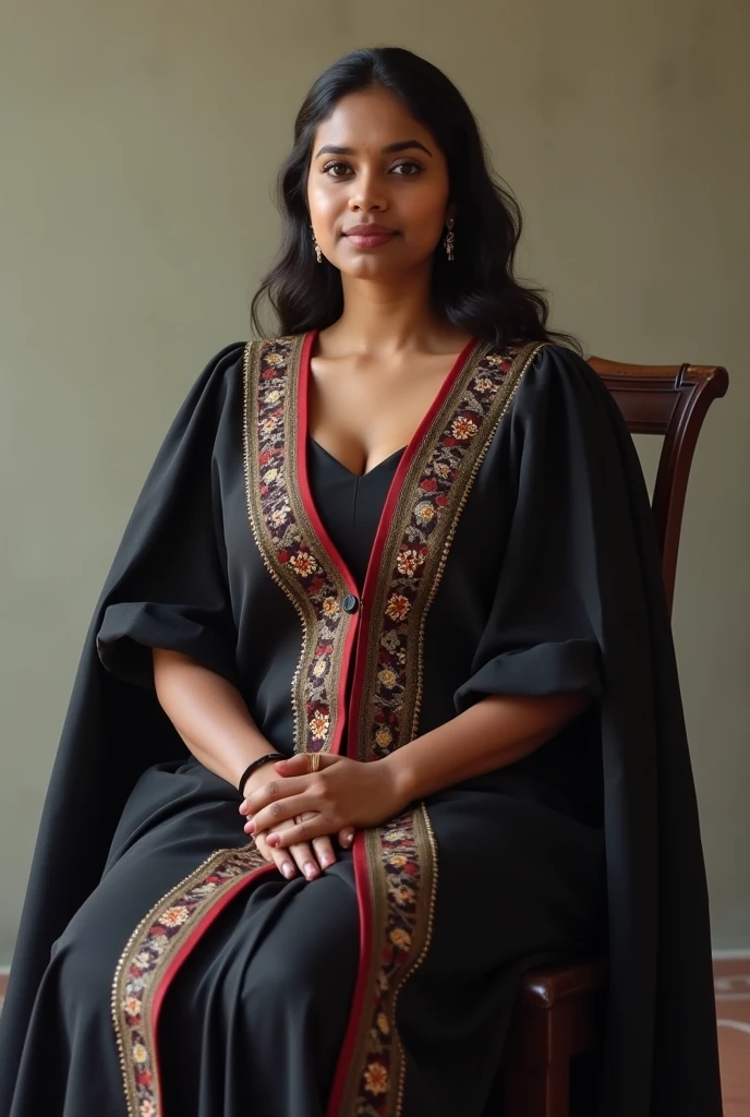Wearing full body cover Academic regalia average wealthy sri lankan beautiful girl(big breasts and butt) sit in chair