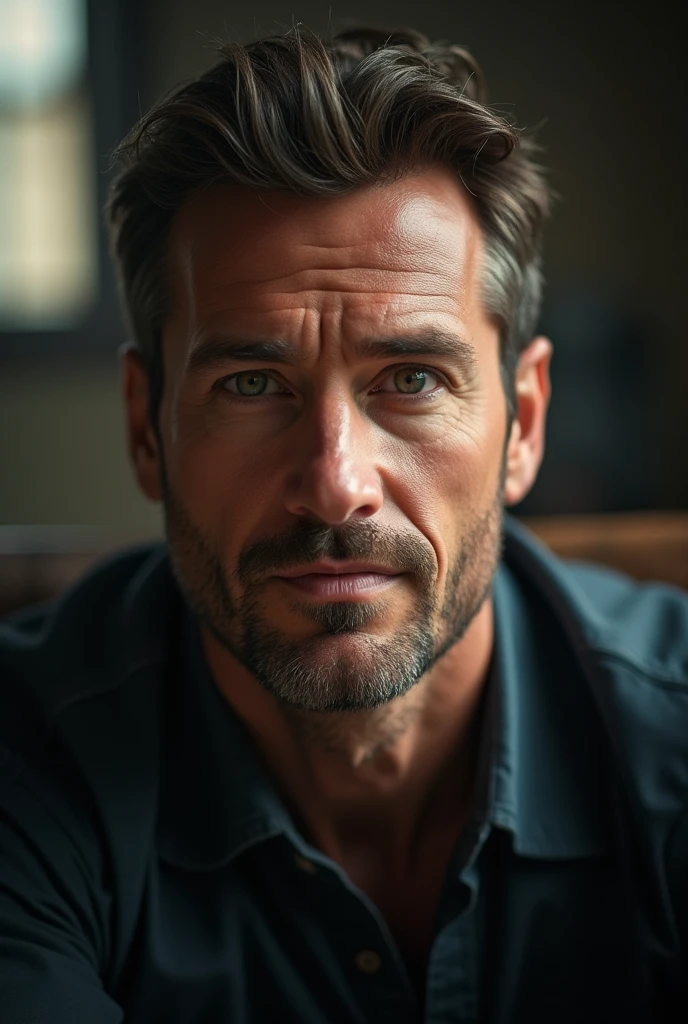 Portrait of handsome man, 40 year old, Round face, cinematic appearance