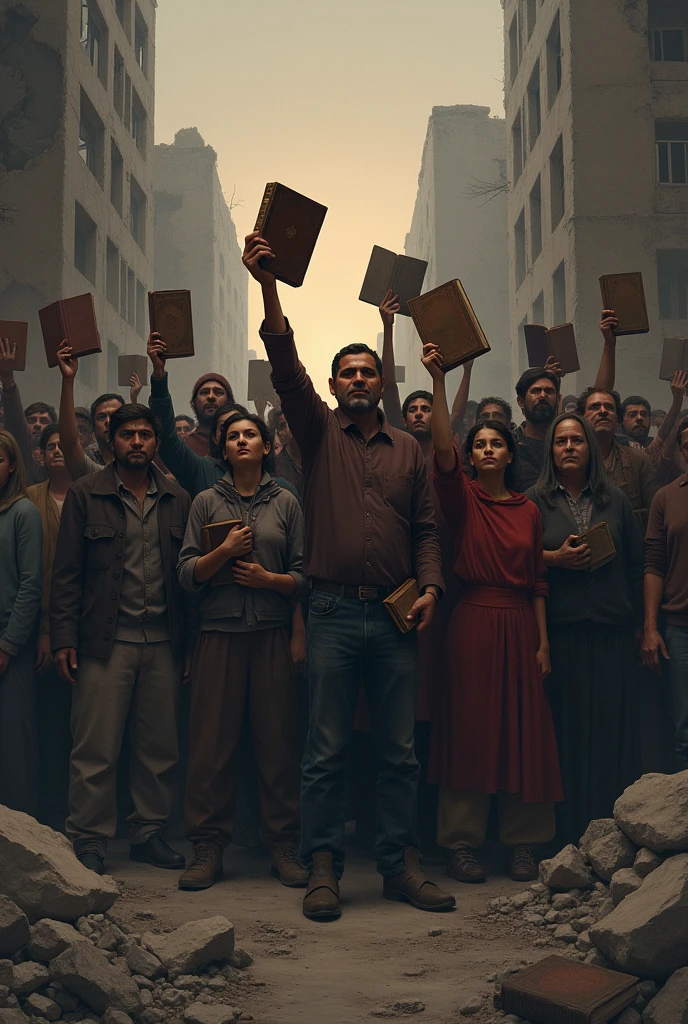 BOOKS IN THE RESISTANCE AGAINST WARS, WOMEN AND MEN AND CHILDREN HOLDING BOOKS AMIDST RUINS AND A BACKGROUND WITH SOMB COLORS AND A TWILIGHT AFTERNOON