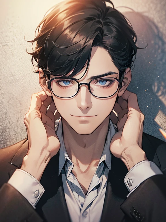 masterpiece, best quality, 1male mature, man, mature, 32 years, gray black hair, blue eyes, glasses, CEO, expression smile in love, white shirt, mugshot, wall background, detailed eyes, detailed facial features, realistic and high resolution (best quality, 4k, 8k, highres, masterpiece:1.2)