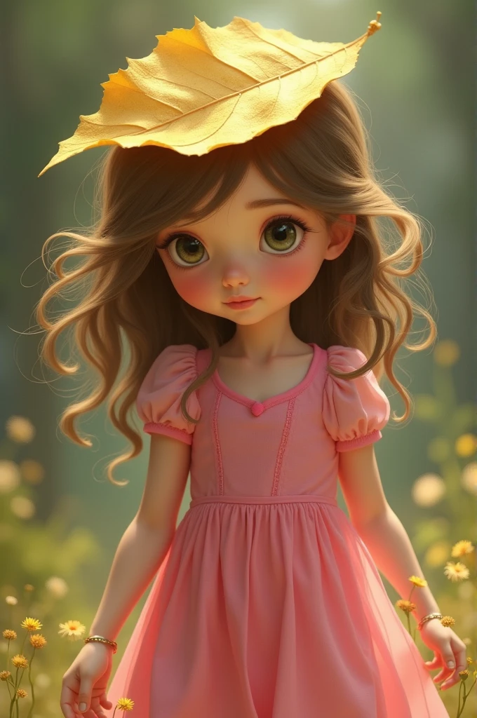 draw a small girl with pink frock and open hair and there is a golden leaf is on her head.