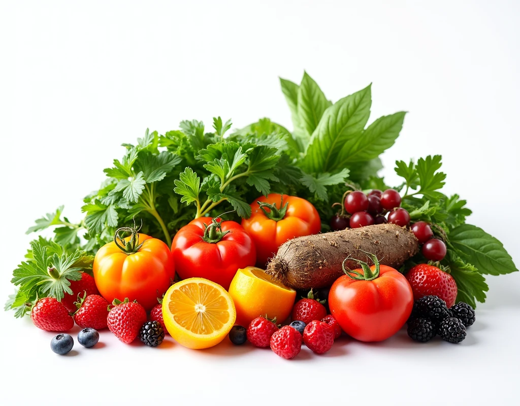 WholesomeNourishmentOnCleanSlate: Fresh, vibrant fruits and vegetables against a pure white background, conveying vitality and freshness.