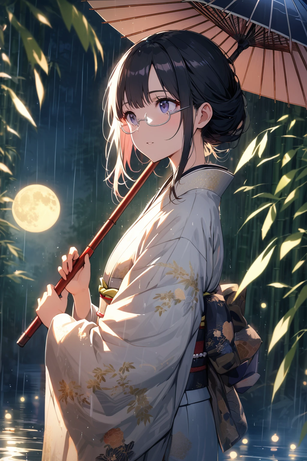 (extremely detailed fine touch:1.3), Vibrant colors, Soft tones, With warm and gentle lighting, (((silver semi-rimless eyewear:1.3))), girl, solo, cowboy shot, (ancient Japanese noble, beautiful kimono, beautiful long black hair), glowing hair, looking up at the moon, (pearl white moon:1.3), holding an Japanese umbrella, raining softly, fireflies flying around, bamboo leaves are placed three-dimensionally in the foreground, shining through rainwater, bamboo grove of japan,
