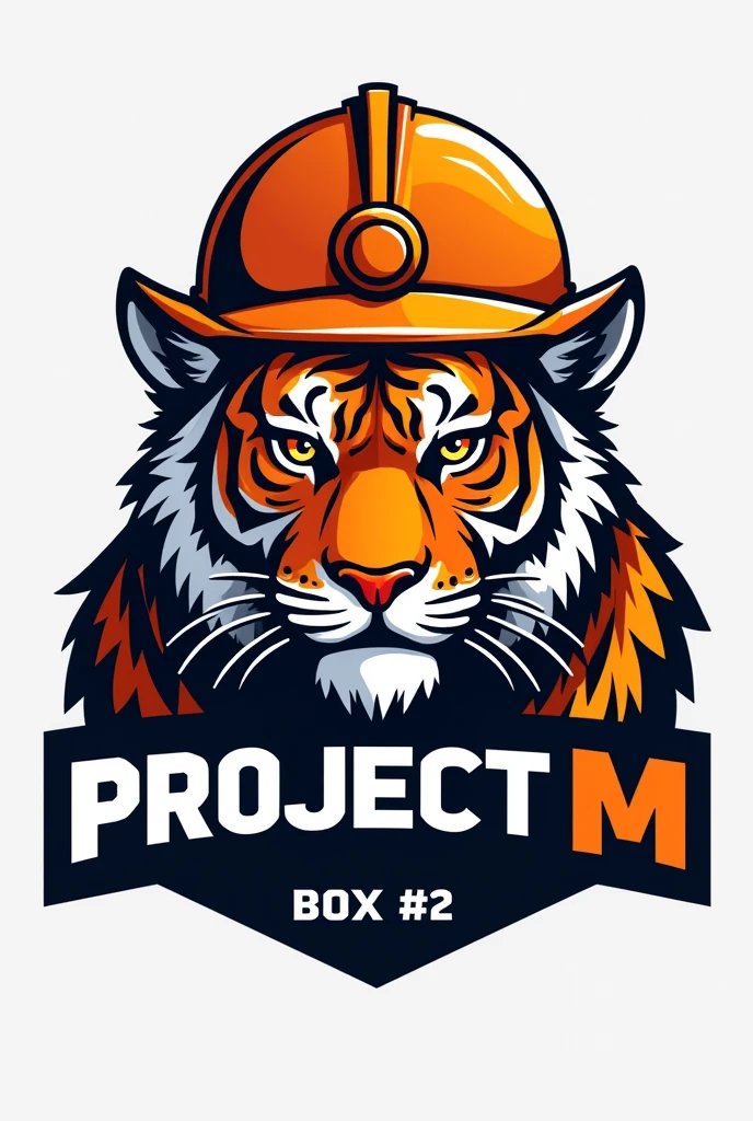 Create a political campaign logo that has a slogan: "Project M" "BOX #2" 
with an orange tiger wearing a mining helmet 