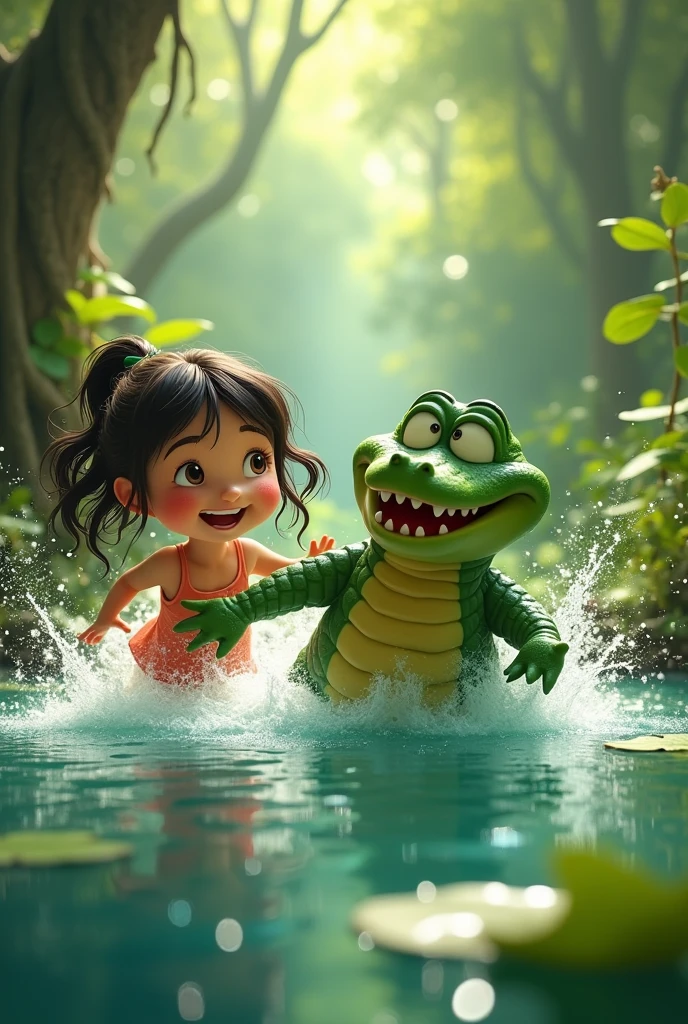 Playing in the Swamp:

Scene: Lily (cute )and Alui (big green alligator)having fun.
Visuals: Depict them splashing in the water, with Lily laughing and Alui playfully chasing her. Include dynamic water splashes and joyful expressions on both characters.size of this should be 16:9