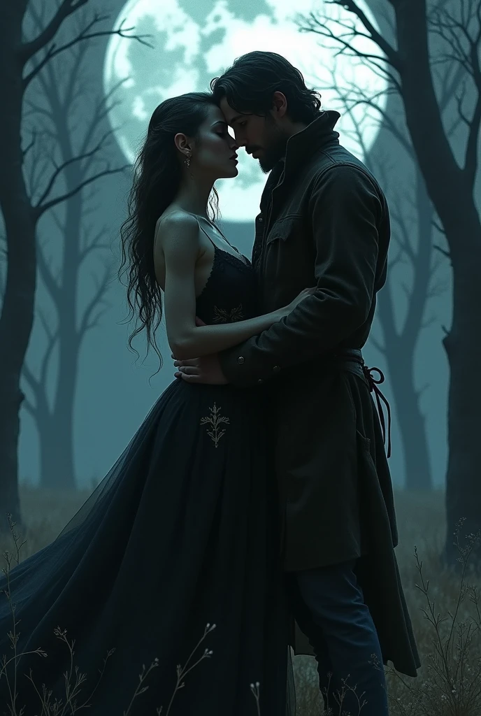 A nighttime couple where a vampire and a hunter are loving each other (The vampire with an elegant and beautiful outfit and the hunter with clothes similar to the style of the protagonists of the film "Pact with wolves").