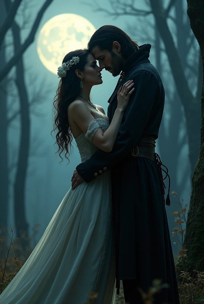 A nighttime couple where a vampire and a hunter are loving each other (The vampire with an elegant and beautiful outfit and the hunter with clothes similar to the style of the protagonists of the film "Pact with wolves").