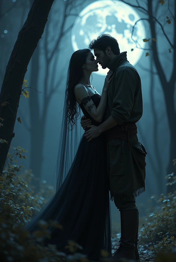 A nighttime couple where a vampire and a hunter are loving each other (The vampire with an elegant and beautiful outfit and the hunter with clothes similar to the style of the protagonists of the film "Pact with wolves").