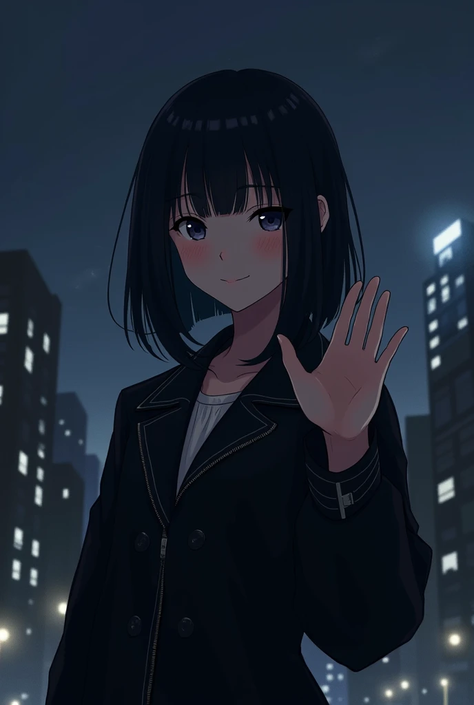 make me an anime character genre:female skin:white hair: black background:city at night pose:Waving clothes:black jacket Only half of the body can be seen And the character can be seen more than the city