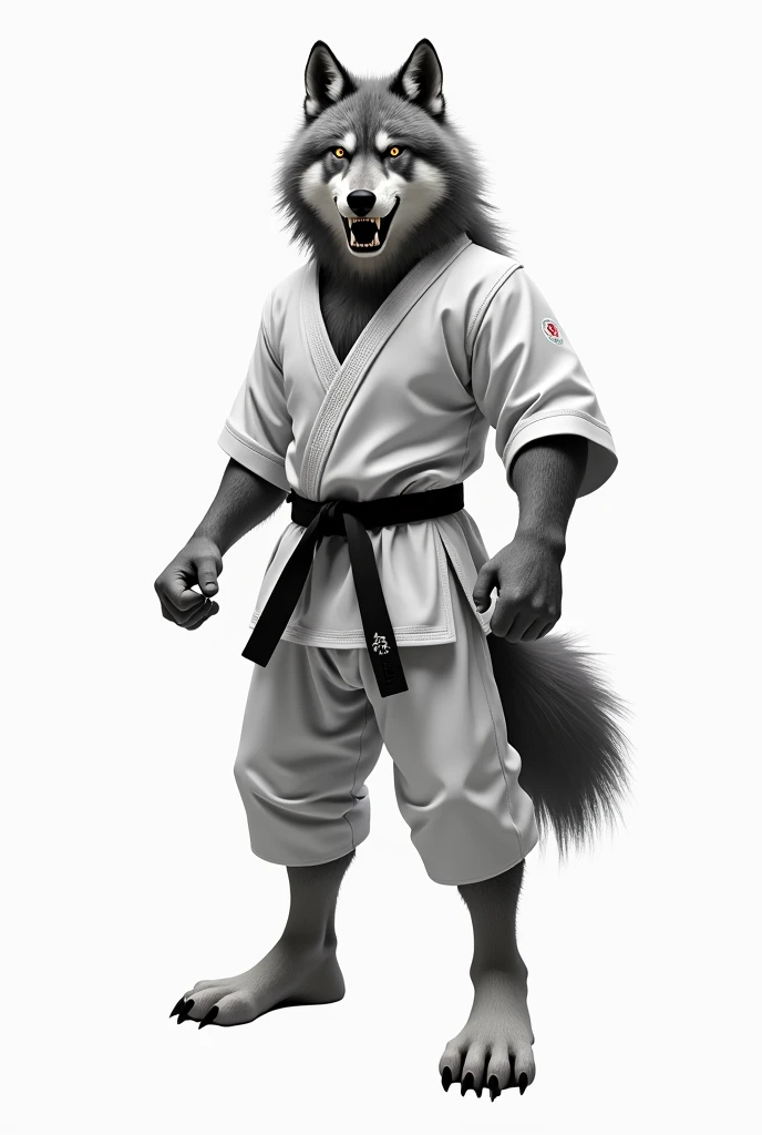 wolf in karate costume on white background
