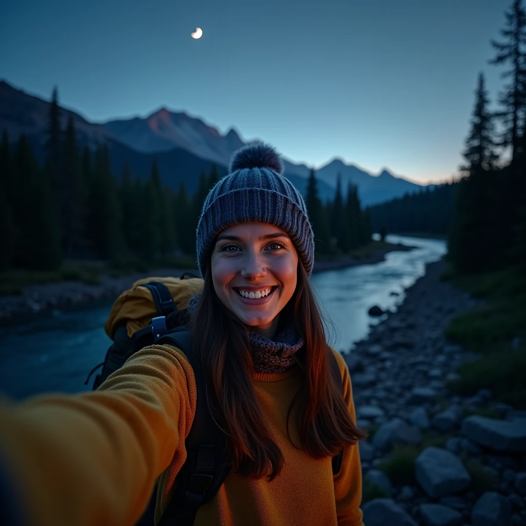 1 woman ((upper body selfie, happy)), masterpiece, best quality, ultra-detailed, solo, outdoors, (night), mountains, nature, (stars, moon) cheerful, happy, backpack, sleeping bag, camping stove, water bottle, mountain boots, gloves, sweater, hat, flashlight, forest, rocks, river, wood, smoke, shadows, contrast, clear sky, analog style (look at viewer:1.2) (skin texture) (film grain:1.3), (warm hue, warm tone:1.2), close up, cinematic light, sidelighting, ultra high res, best shadow, RAW, upper body, wearing pullover