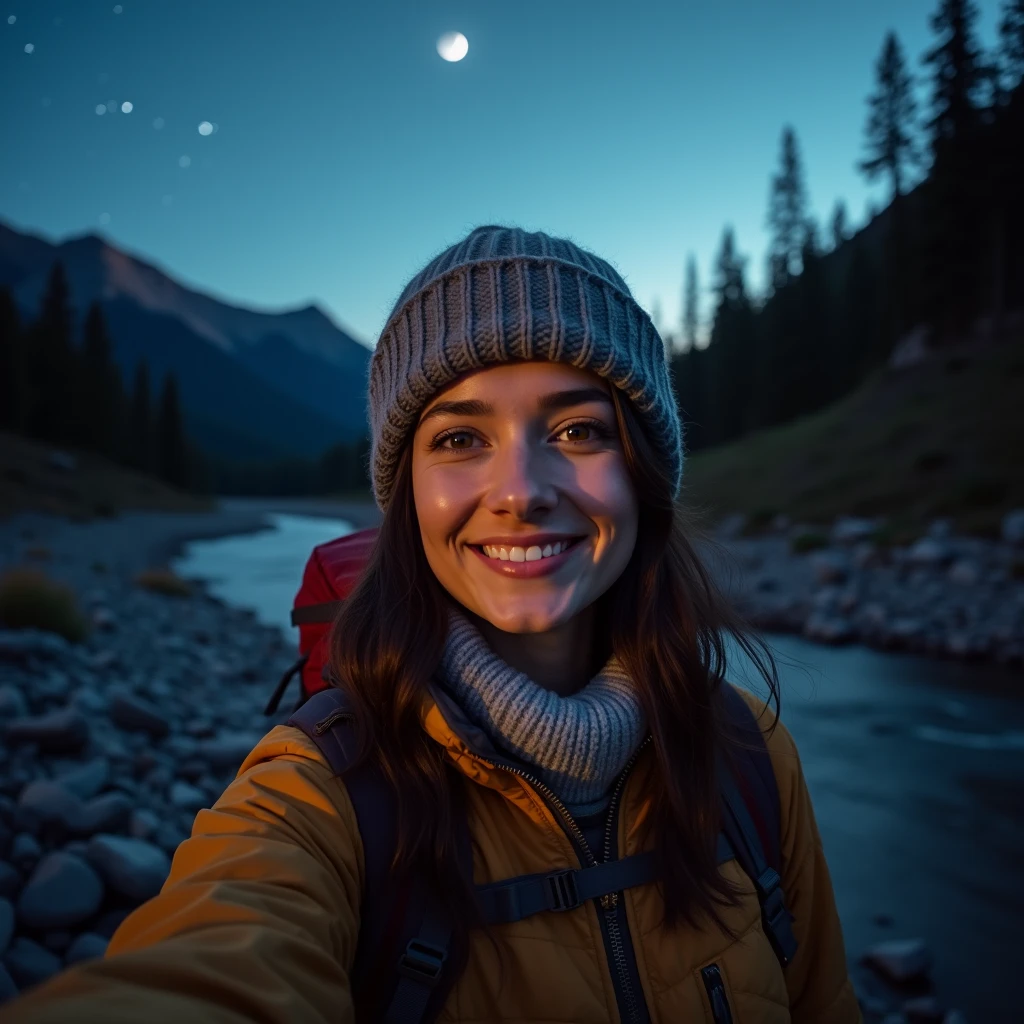 1 woman ((upper body selfie, happy)), masterpiece, best quality, ultra-detailed, solo, outdoors, (night), mountains, nature, (stars, moon) cheerful, happy, backpack, sleeping bag, camping stove, water bottle, mountain boots, gloves, sweater, hat, flashlight, forest, rocks, river, wood, smoke, shadows, contrast, clear sky, analog style (look at viewer:1.2) (skin texture) (film grain:1.3), (warm hue, warm tone:1.2), close up, cinematic light, sidelighting, ultra high res, best shadow, RAW, upper body, wearing pullover