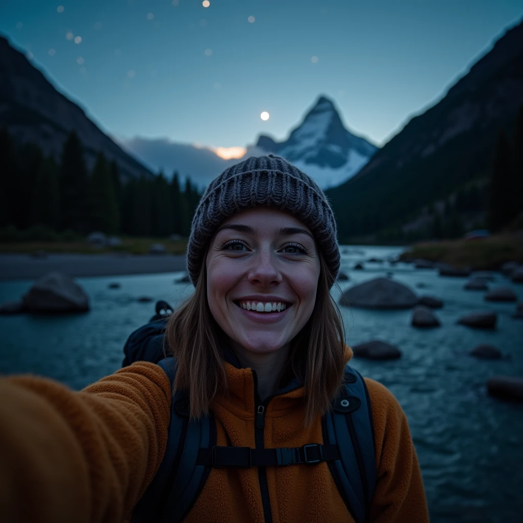 1 woman ((upper body selfie, happy)), masterpiece, best quality, ultra-detailed, solo, outdoors, (night), mountains, nature, (stars, moon) cheerful, happy, backpack, sleeping bag, camping stove, water bottle, mountain boots, gloves, sweater, hat, flashlight, forest, rocks, river, wood, smoke, shadows, contrast, clear sky, analog style (look at viewer:1.2) (skin texture) (film grain:1.3), (warm hue, warm tone:1.2), close up, cinematic light, sidelighting, ultra high res, best shadow, RAW, upper body, wearing pullover