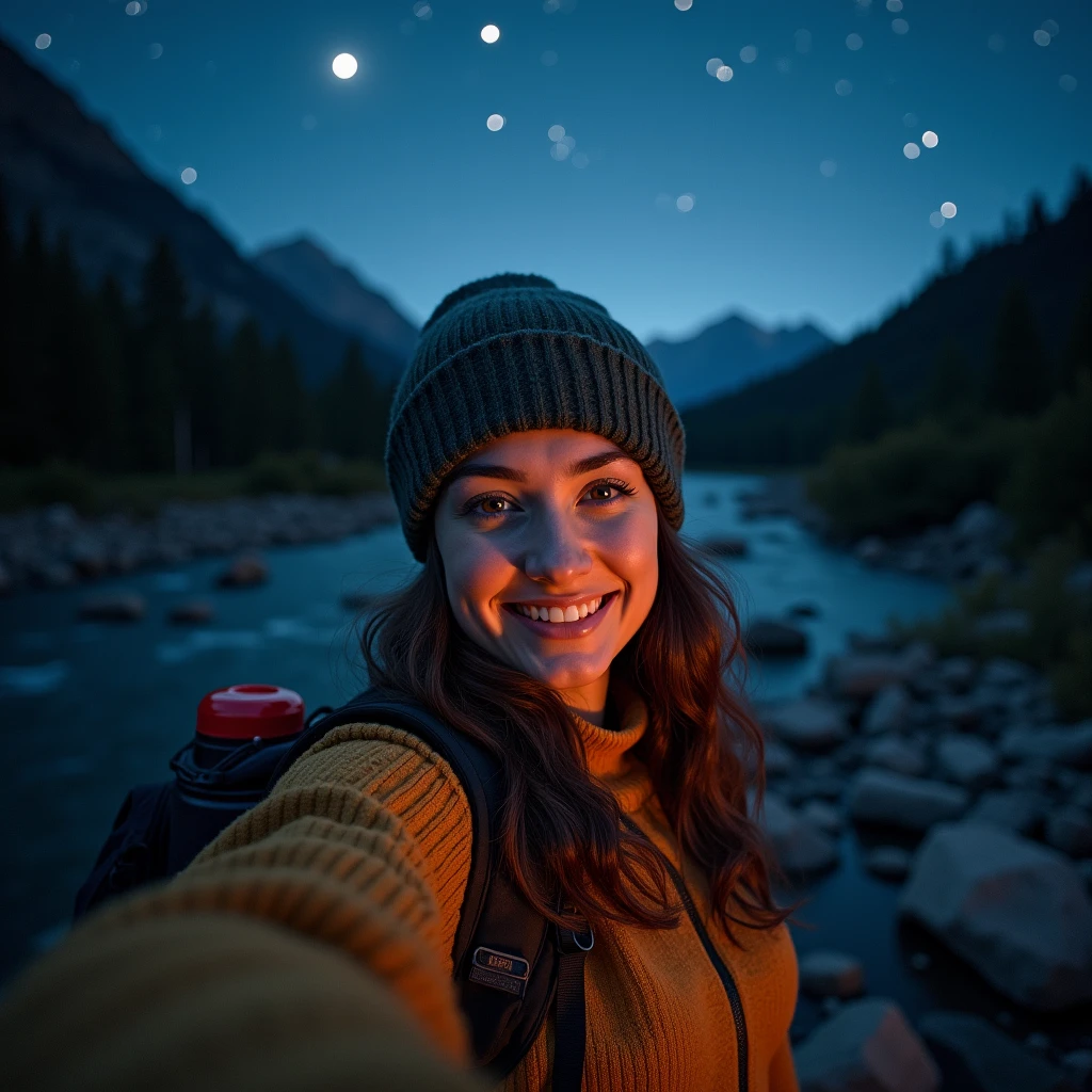 1 woman ((upper body selfie, happy)), masterpiece, best quality, ultra-detailed, solo, outdoors, (night), mountains, nature, (stars, moon) cheerful, happy, backpack, sleeping bag, camping stove, water bottle, mountain boots, gloves, sweater, hat, flashlight, forest, rocks, river, wood, smoke, shadows, contrast, clear sky, analog style (look at viewer:1.2) (skin texture) (film grain:1.3), (warm hue, warm tone:1.2), close up, cinematic light, sidelighting, ultra high res, best shadow, RAW, upper body, wearing pullover