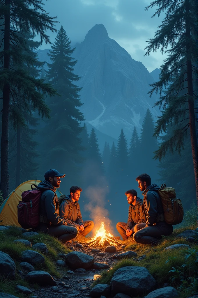 Some young male mountaineers in the spooky mountain forest are camping