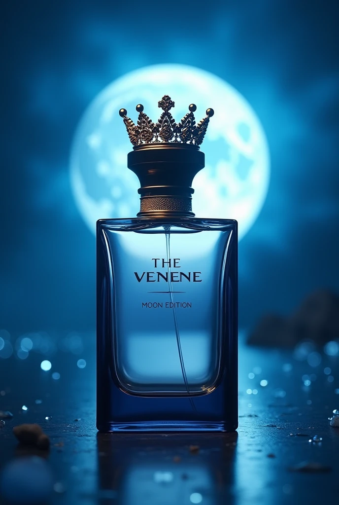 (photorealism:1.2), perfume bottle, brand verne, moon edition, royalty, blue, crown on the cover, rectangle