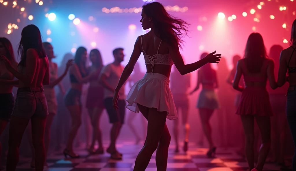 Real photo, best camera, nightclub atmosphere, One beautiful and sexy girl dancing reggaeton full body miniskirt white
