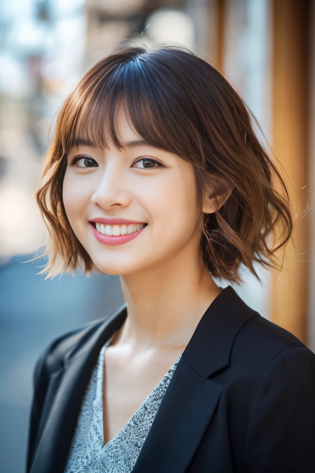 Happy smile seeing this、In the city、(Highest quality,8K quality,masterpiece:1.3,),(Ultra-high resolution:1.3,Photorealistic:1.4,RAW Photos:1.2),(Ultra-detailed:1.2,Glowing Skin,Detailed skin:1.1),(Detailed face,Perfect Anatomy,Caustics:1.2),,1 person,cute,Japanese,Age 25,Japanese Ido,Natural brown hair,Curl short hair outward,cute目,Natural Makeup,Bright office casual outfit,Laughter,Looking into the camera,On the face,Face Focus,Professional Lighting,Natural soft light,spring、