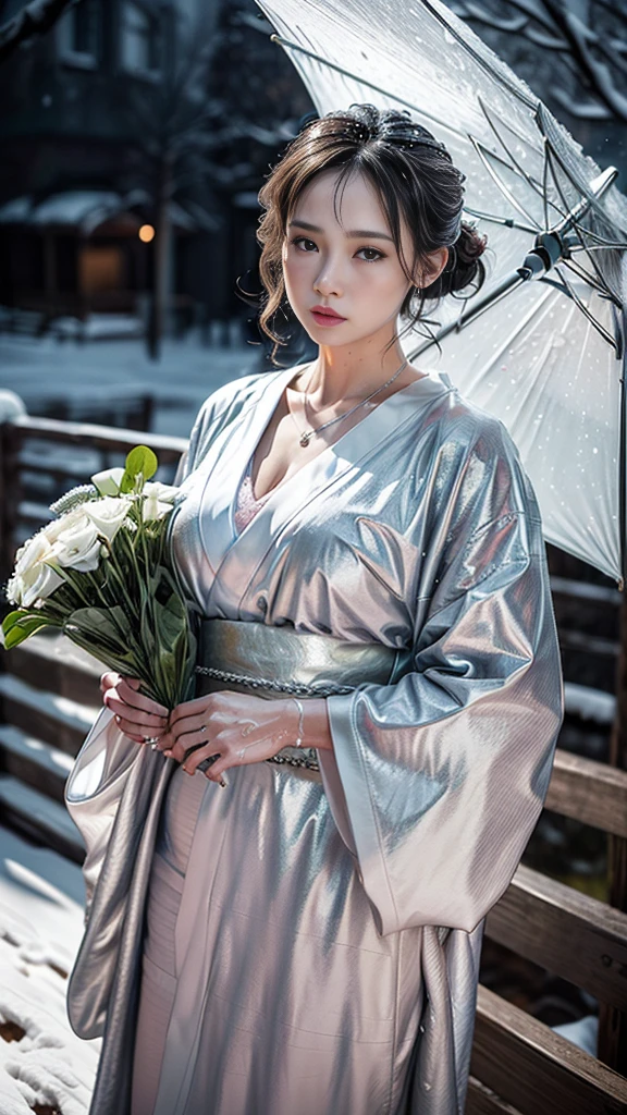 (RAW shooting, Photoreal:1.5, 8K, highest quality, masterpiece, ultra high resolution), (((heavy snow))), perfect dynamic composition:1.2, (In front of a shrine at night in a modern city, expression of sadness:0.9, Tears are flowing:0.9, cry with a broken heart:0.9), Highly detailed skin and facial textures:1.2, Slim office lady wet in the rain:1.3, cowboy shot, Fair skin:1.2, sexy beauty:1.1, perfect style:1.2, beautiful and aesthetic:1.1, very beautiful face:1.2, water droplets on the skin, (rain drips all over my body:1.2, wet body:1.2, wet hair:1.3), (Holding a wet bouquet:1.2, Wearing a wet silver kimono correctly:1.35), (Medium chest, Bra is transparent, Chest gap),  (Eyes that feel beautiful eros:0.8), (Too erotic:0.9, Bewitching:0.9), necklace, earrings, bracelet